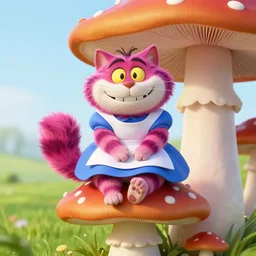 the cheshire cat from alice in wonderland sitting on a giant mushroom by anna dittmann, highly detailed, bright tones