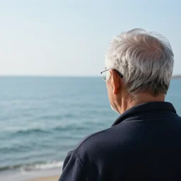 an over-the-shoulder point of view of an old man looking at the sea.