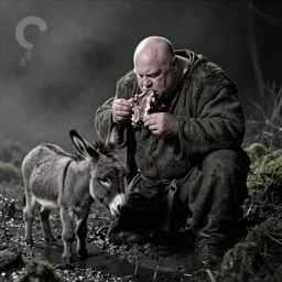 1 9 7 0 s movie still by tarkovsky of one giant obese old bald man in dirty medieval clothes eating meat with one tiny donkey in a swamp, mossy, by night, cinestill 8 0 0 t 3 5 mm b & w, heavy grain, high quality, noir, natural textures, photorealistic, ambient occlusion, hd, mud, fog, criterion collection