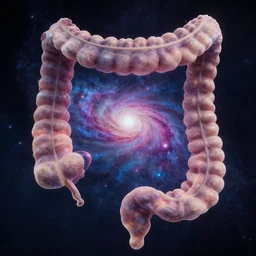 a view into the meditative quantum reality inside human bowels with a galaxy inside bowels