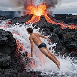 man in a swimsuit getting swallowed by flowing lava on a volcano with magma eruptions