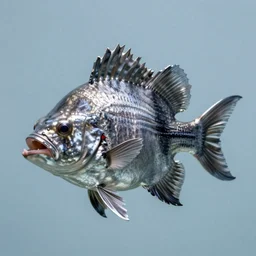 an exotic fish with multiple mouths made up of steel, plain light blue background, dslr, fine details, soft light