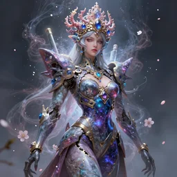 realistic 8k digital painting of a stunning intricate cracked multicolored milky marble Cosmic EVA-Mech Ethereal Queen character design. Beautiful aura. Kintsugi. by Daytoner, Greg Tocchini, Yoshitaka Amano. Intricate Empress Crown made of sentient mycelium jewels and gems. subtle misty xparticles. Scattered Cherry blossoms Hyperrealism. Subsurface scattering. Octane Render