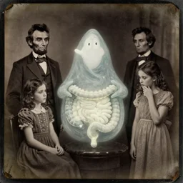 spirit photography with glowing bulbous intestinal ectoplasm, slimer from ghostbusters, mourning family, invoke fear and dread, old photograph, daguerreotype, abraham lincoln n 9