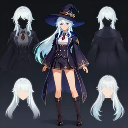 character model sheet for a female for genshin impact by greg rutkowski, witch academia, magic school uniform, glowing white iridescent hair color, by studio ghibli, digital art, trending on artstation, hd, 8 k, highly detailed, good lighting, beautiful, masterpiece