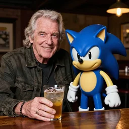 willie nelson has a drink at a pub with sonic the hedgehog