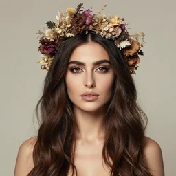 fine art photo of the beauty goddess meryem uzerli, she has a crown of dried flowers, by oleg oprisco