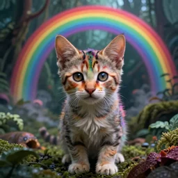 of a beautiful rainbow Hyperrealistic Giger kitten in a dark scary smokey surreal jungle, macro lens, ultra shallow depth of field, highly detailed, digital painting, trending artstation, concept art, vibrant colors, illustration, cinematic lighting, vibrant colors, photorealism, epic, octane render
