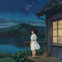 a girl on the terrace of a house by a mountain lake in the night, starry sky, studio ghibli style