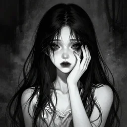 a pulp illustration of a beautiful but creepy girl in layers of fear, with haunted eyes and dark hair piled on her head, 1 9 7 0 s, seventies, wallpaper, a little blood, morning light showing injuries, delicate embellishments, painterly, offset printing technique, by brom, moebius, robert henri, walter popp