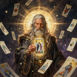 wizard, tarot cards floating, by josh kirby