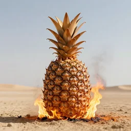 a wooden pineapple being burnt at burning man, photo realistic, 8 k, octane render