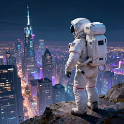 An astronaut watching the city from a mountain, digital art, trending on artstation, HDR, By Thomas Kinkade and Albert Bierstadt, cyberpunk
