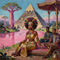 a regal and heroic african queen with a colorful afro sitting in a cabana near a large steampunk pyramid near a pink river with a large glowing baobab tree, by amanda sage and alex grey and evgeni gordiets in a surreal psychedelic style, symmetrical, detailed eyes, oil on canvas 8k, hd