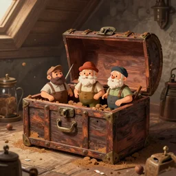 dusty treasure chest filled with three small men, in a rustic attic. digital illustration