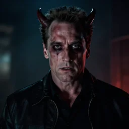 arnold schwarzenegger as a demon in a horror scary nightmare, dark lighting ultra realistic bokeh blurred background