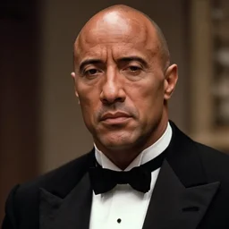 film still close up shot of dwayne johnson as vito corleone from the movie the godfather. photographic, photography