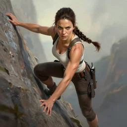epic portrait of very muscled tough looking Mila Kunis as Lara Croft climbing a steep slope, elegant, highly detailed, centered, digital painting, artstation, concept art, artgerm, donato giancola, Joseph Christian Leyendecker, WLOP, Boris Vallejo, Artgerm