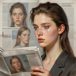 3 d, close - up, fashion model, newspaper, tears, poster art, intricate oil painting, high detail, figurative art, multiple exposure, poster art, 3 d, by stanley kubrick and tooth wu and wlop and beeple