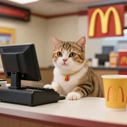 high definition snapshot from a movie a small cute cat working as a cashier at mcdonald's. 2 4 mm, photorealistic, photography, professional photography, directed by wes anderson