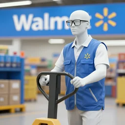 hyperrealistic photo of a pale white walmart worker using a pallet jack, wearing a walmart vest, with square glasses, 8k octane beautifully detailed render, post-processing, extremely hyperdetailed, trending on artstation