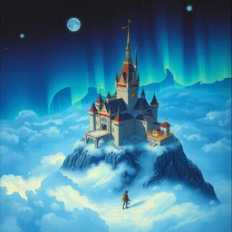 retro - futurism anime castle on a mountain in clouds with lots of details look from above, northern lights, rule of thirds golden ratio, fake detail, trending pixiv fanbox, acrylic palette knife, style of makoto shinkai studio ghibli genshin impact james gilleard greg rutkowski chiho aoshima