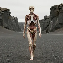 Human made of flesh and cadaver walking in the desert, Basalt Canyon Iceland. by Beksinski and Mobius, Photorealistic, 8K, desaturated. Full body anatomy