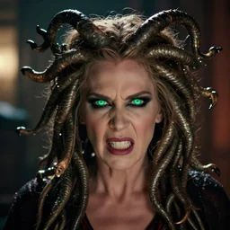 headshot of demonic looking angry ellen degeneres with glowing green eyes like medusa, studio lighting, 8 k, photo shoot, 9 inch kershaw soft focus lens f / 5. 6