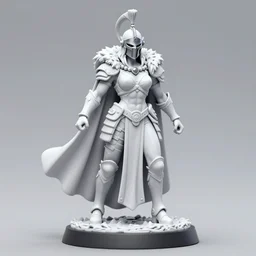 80mm resin detailed miniature of a Very Muscular Woman, Queen of war, white armor, iron mask and helmet, white fur cloak, on textured base; Miniature Photos, 4K, Full body; Front view