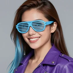 closeup painting of a very beautiful young mexican cyberpunk woman with a smile, wearing light blue shutter shades, and a purple coloured leather jacket, one side haircut, long brown hair with light blue ends, portrait, hyperdetailed, artstation, cgsociety, synthwave by tangerine dream, by jean - michel jarre, by vangelis, by john carpenter