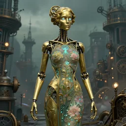 brass semi - mechanical woman, portrait, floral art nouveau dress, art by ardian syaf and moebius, bioluminescent, in steampunk cityscape