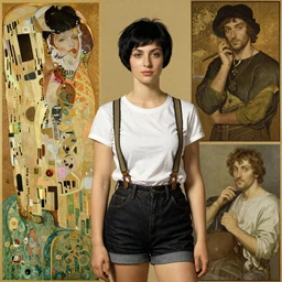 a woman with black hair pixie cut in shorts with suspenders and white t-shirt drawn by caravaggio, Alexandre Cabanel, norman rockwell, peter paul rubens, maler collier, frank frazetta, alphonse mucha, gustav klimt, french noveau