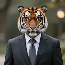high quality portrait photo of an businessman tiger dressed in a dark suit and tie, wearing glasses, Anthropomorphic, photography 4k, f1.8 bokeh, 4k, 85mm lens, sharp eyes, looking at camera