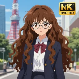 anime girl with long curly brown hair wearing round glasses and school uniform, tokyo background, aesthetic, wlop, digital painting, trending on artstation, highly detailed, epic composition, official media, 8 k uhd