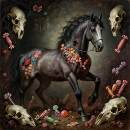 gothic renaissance painting of a horrifying evil horse, surrounded by different kinds of candy and bones, evil candy mare, extremely scary, extremely detailed!!!!!, horror themed, dim lighting, gothic style painting, horse skulls everywhere, horrifying, grim colors, dark dramatic lighting, open wound filled with candy on horse, ispy book