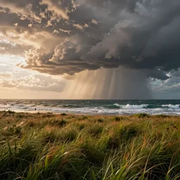 storm at ocean, detailed, concept art, high detail, warm lighting, volumetric, godrays, vivid, beautiful, trending on artstation, by jordan grimmer, huge scene, grass, art greg rutkowski