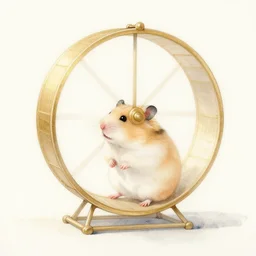 beautiful serene hamster wheel, healing through motion, life, minimalistic golden and ink airbrush painting, pristine dream