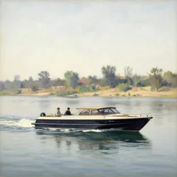 a floating speedboat on the nile river, bright hazy day, pastel painting by mikalojus konstantinas ciurlionis and edward lear