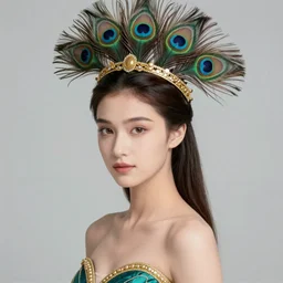 an elegant beautiful princess wearing peacock feathers as crown, art by greg rutkowski