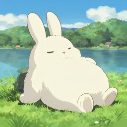 a giant fluffy bunny resting by the lakeside, anime scene by makoto shinkai