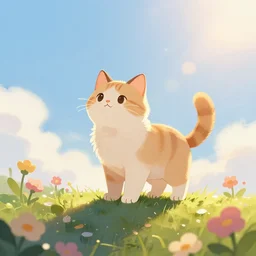 a digital art of a cat standing on the top of the hill with flowers around in the afternoon, sunshine, cute, illustration, animal, light effect, highly detailed, by anton fadeev