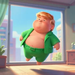 fat little ginger donald trump, wearing green clothes, floating in air in a room, green clothes, loseup, modern city through window, concept art, artstation, disney, pixar, dreamworks, anime, tyler edlin, feng zhu, jparked, thomas karpi