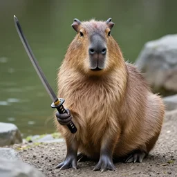 photo of a capybara holding a katana