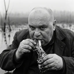 movie still by tarkovsky close - up of a giant obese old bald man wear dark clothes eating a leg of lamb, a swamp, cinestill 8 0 0 t 3 5 mm b & w, heavy grain, high quality, noir, natural textures, photorealistic, ambient occlusion, hd, dof, mud, fog