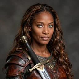 arabella mistsplitter, solo female darkskinned heroic soldier, midfifties, long brown hair, clear green eyes, african, ethiopian, magnificent oval face, leather armor, shortsword, beautiful symmetrical eyes, a female dnd fighter's portrait, clear eyed, realistic, by brian patterson and rhads!!!