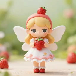 a femo figurine of a cute funny strawberry fairy with a frilly floral dress