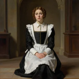 medium full view a medieval chambermaid of a noble house in her early thirties with a worried and compassionate expression, by Raymond Swanland Greg Rutkowski Lise Deharm, {perfect face}, {perfect eyes}, elegant regal posture