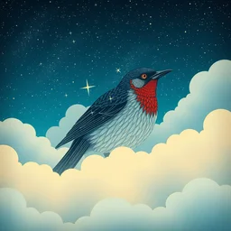 a victo ngai and katayama bokuyo art work. a close up view of bird in the fog and clouds. waves of stars. ultra clear detailed.