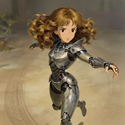 one single young mysterious girl with dark blond wavy hair with side swept bangs, one single perfectly proportioned face, one head, brown eyes, strong square jawline, natural lighting, path traced, highly detailed, high quality, cartoon, digital painting, by new haicheng and studio ghibli and alphonse mucha, dancing at the tune of mozart's lacrimosa and wearing an alien mechanical armor designed by h. r. giger and neill blomkamp
