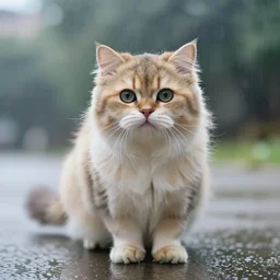 smol fluffy cat, light rain